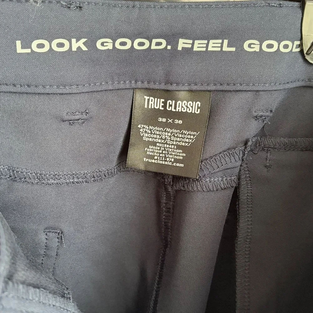 True Classic Travel Chino Men’s Navy slim stretch dress pants slacks 38 x 36 NEW
